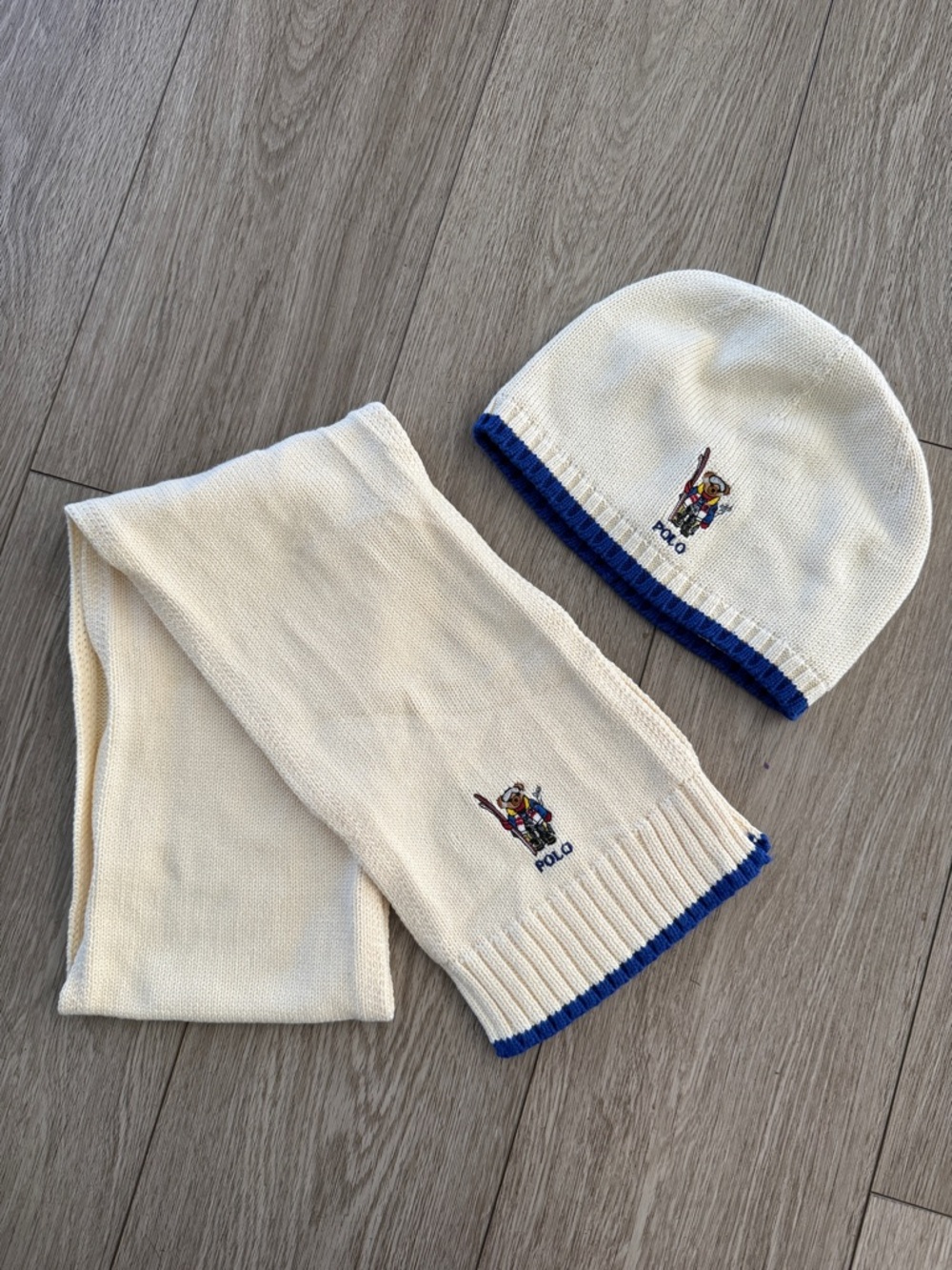Polo by Ralph Lauren cream and Blue Hat and Scarf Set Big Bear Ski size 8-20 kid